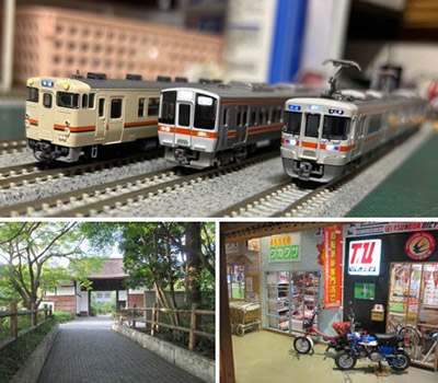 上:武豊線走行の歴代列車<br>左下:大倉公園<br>右下:歴史民俗資料館展示